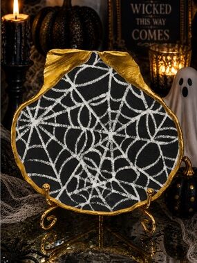 Hand crafted spider web trinket shell dish bar accessory black 5”